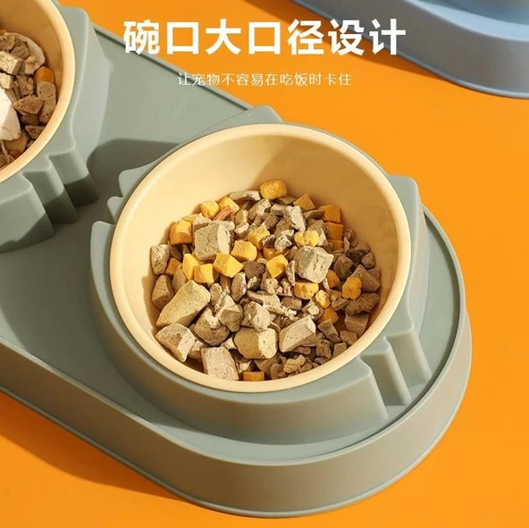 Süslüpati Yükseltilmiş Eğimli 2li Kedi Köpek Mama ve Su Kabı - Çiftli Mama Kabı Yeşil - Resim 7