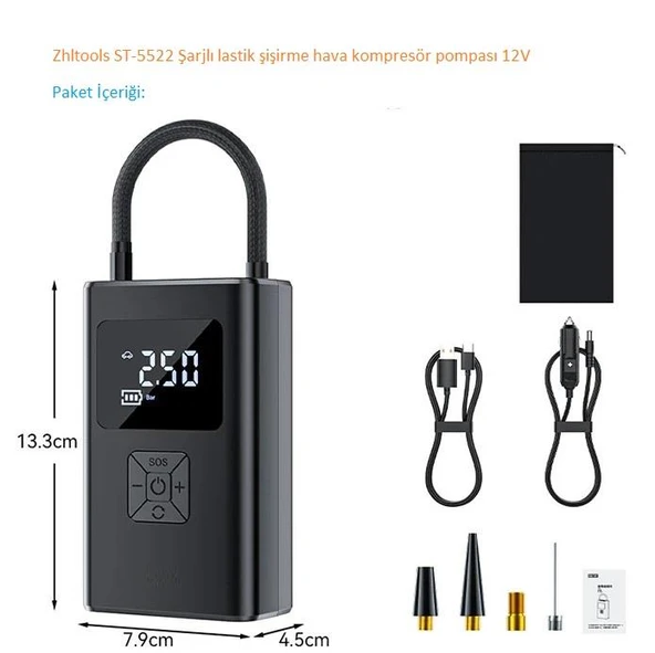 Zhltools ST-5522 Şarjlı lastik şişirme hava kompresör pompası 12V LED ışıklı - Resim 5