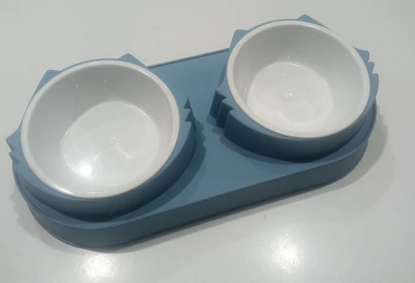 Süslüpati Yükseltilmiş Eğimli 2li Kedi Köpek Mama ve Su Kabı - Çiftli Mama Kabı Mavi ürün görseli