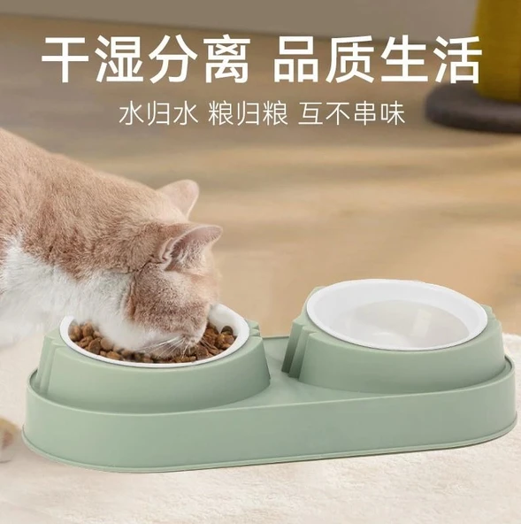 Süslüpati Yükseltilmiş Eğimli 2li Kedi Köpek Mama ve Su Kabı - Çiftli Mama Kabı Mavi - Resim 6