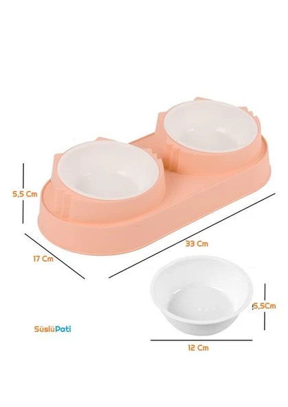 Süslüpati Yükseltilmiş Eğimli 2li Kedi Köpek Mama ve Su Kabı - Çiftli Mama Kabı Pembe - Resim 3
