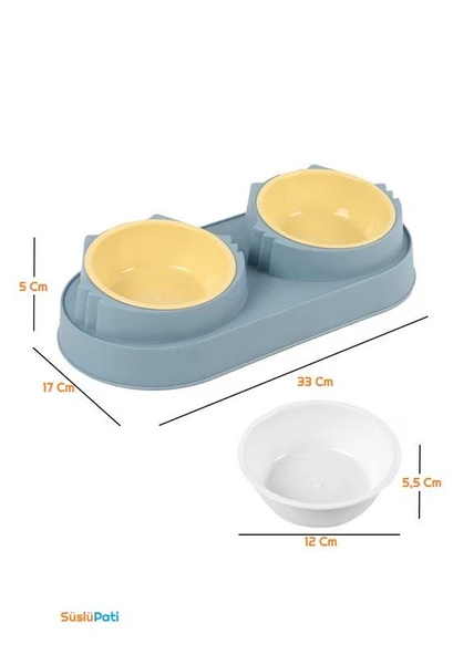 Süslüpati Yükseltilmiş Eğimli 2li Kedi Köpek Mama ve Su Kabı - Çiftli Mama Kabı Mavi - Resim 5