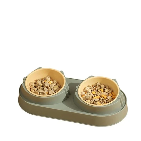 Süslüpati Yükseltilmiş Eğimli 2li Kedi Köpek Mama ve Su Kabı - Çiftli Mama Kabı Yeşil - Resim 5