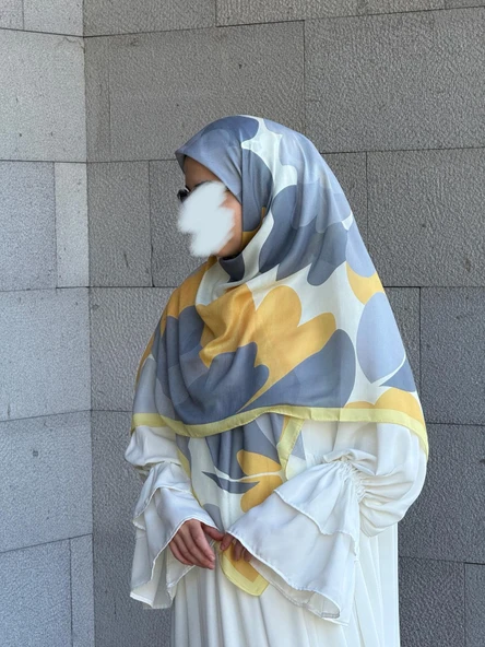 Pamuklu Vera Desen Eşarp-Gümüş/Limon Sarı - 6