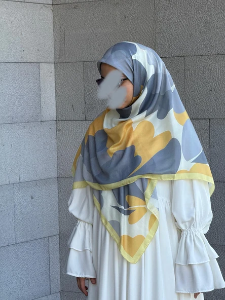 Pamuklu Vera Desen Eşarp-Gümüş/Limon Sarı - 7