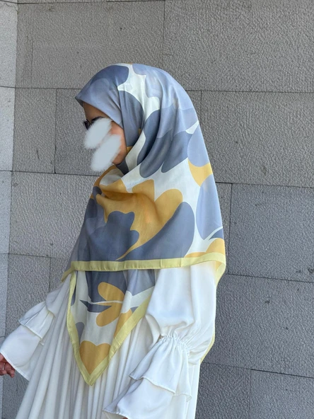 Pamuklu Vera Desen Eşarp-Gümüş/Limon Sarı - 5