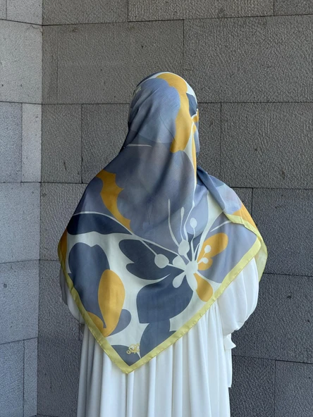 Pamuklu Vera Desen Eşarp-Gümüş/Limon Sarı - 10