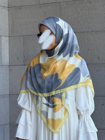 Pamuklu Vera Desen Eşarp-Gümüş/Limon Sarı - 9