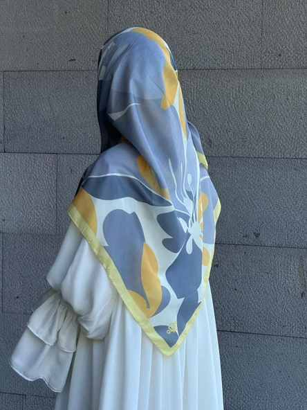 Pamuklu Vera Desen Eşarp-Gümüş/Limon Sarı - 3