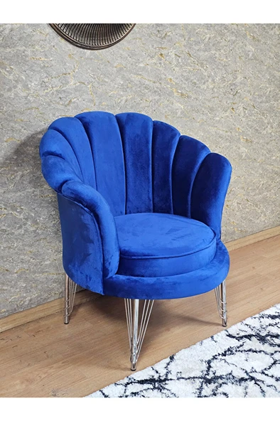 Tekli İstiridye Krom Kaplama Telli Ayak Çay Seti Koltuk Tekli Berjer , Balkon, Salon, Ofis Mavi Renk 47 x 47 Boyut/Ebat
