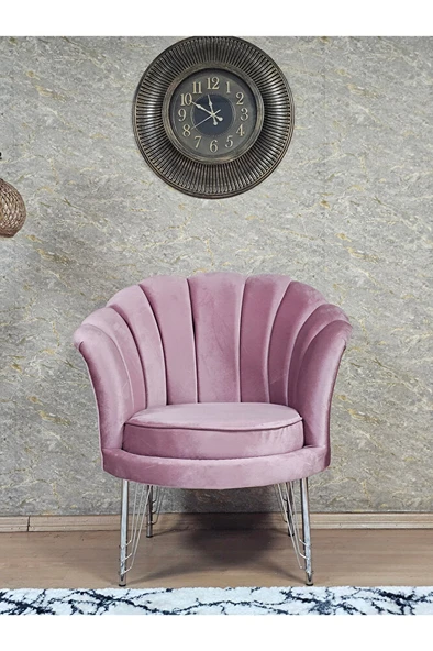 Tekli İstiridye Krom Kaplama Telli Ayak Çay Seti Koltuk Tekli Berjer , Balkon, Salon, Ofis Pembe Renk 47 x 47 Boyut/Ebat - Resim 2