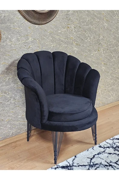 Tekli İstiridye Siyah Boyalı Telli Ayak Çay Seti Koltuk Tekli Berjer , Balkon, Salon, Ofis Siyah Renk 47 x 47 Boyut/Ebat