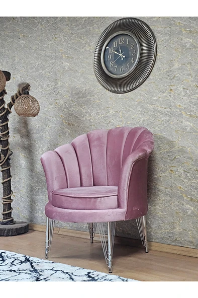 Tekli İstiridye Krom Kaplama Telli Ayak Çay Seti Koltuk Tekli Berjer , Balkon, Salon, Ofis Pembe Renk 47 x 47 Boyut/Ebat - Resim 4