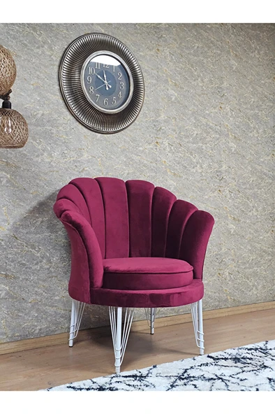 Tekli İstiridye Beyaz Boyalı Telli Ayak Çay Seti Koltuk Tekli Berjer , Balkon, Salon, Ofis Bordo Renk 47 x 47 Boyut/Ebat - Resim 3