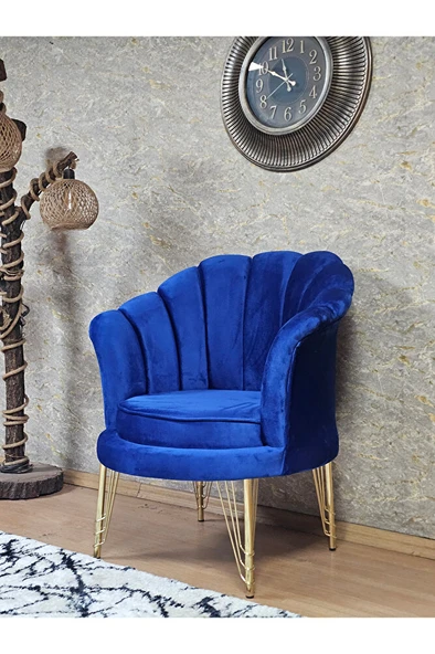 Tekli İstiridye Gold Kaplama Telli Ayak Çay Seti Koltuk Tekli Berjer , Balkon, Salon, Ofis Mavi Renk 47 x 47 Boyut/Ebat - Resim 5