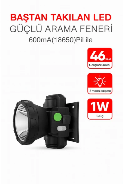 Başa Takılan LED Güçlü Arama Feneri 46 Saat Çalışma Süresi 3 Modlu