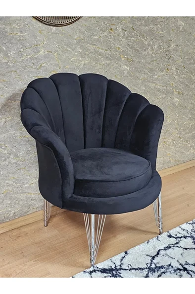 Tekli İstiridye Krom Kaplama Telli Ayak Çay Seti Koltuk Tekli Berjer , Balkon, Salon, Ofis Siyah Renk 47 x 47 Boyut/Ebat