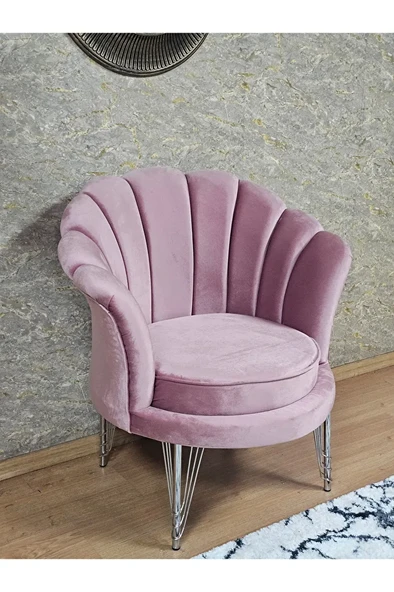 Tekli İstiridye Krom Kaplama Telli Ayak Çay Seti Koltuk Tekli Berjer , Balkon, Salon, Ofis Pembe Renk 47 x 47 Boyut/Ebat ürün görseli 1