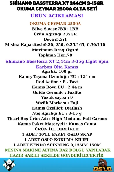 Shimano Bassterra XT 244cm 3-15gr Okuma Ceymar 2500A 8 Örgü Olta Seti - Resim 2