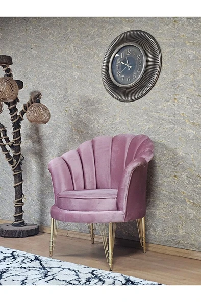 Tekli İstiridye Gold Kaplama Telli Ayak Çay Seti Koltuk Tekli Berjer , Balkon, Salon, Ofis Pembe Renk 47 x 47 Boyut/Ebat - Resim 4