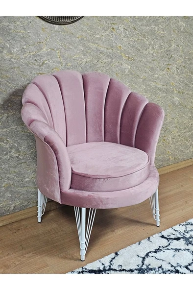 Tekli İstiridye Beyaz Boyalı Telli Ayak Çay Seti Koltuk Tekli Berjer , Balkon, Salon, Ofis Pembe Renk 47 x 47 Boyut/Ebat