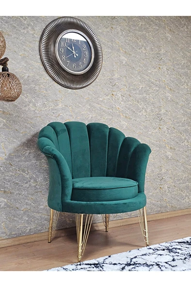 Tekli İstiridye Gold Kaplama Telli Ayak Çay Seti Koltuk Tekli Berjer , Balkon, Salon, Ofis Yeşil Renk 47 x 47 Boyut/Ebat - Resim 3
