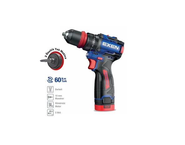 EXEN EN 162 DS 16 V. 2 AH. 60 NM. KÖMÜRSÜZ DARBELİ ŞARJLI MATKAP
