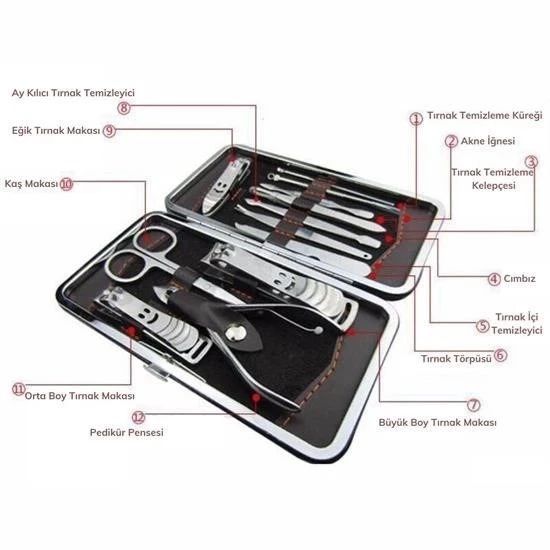 BUFFER® Çantalı Manikür Pensi Profesyonel ve Manikür Pedikür Seti 13 Parça Tırnak Eti İtici Ve Cımbı - 6