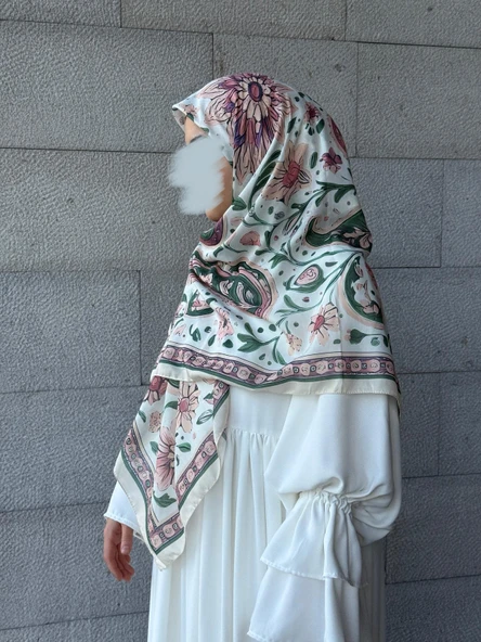 Pamuklu Flora Desen Eşarp-Krem - 4