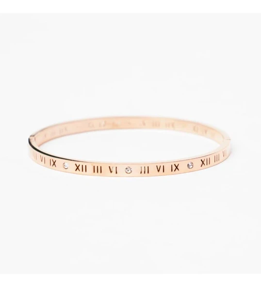 Roma Rakam Ince Taşlı Rose Çelik Bileklik