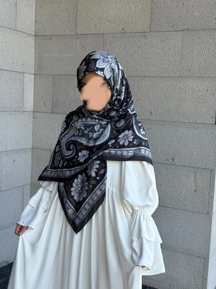 Pamuklu Flora Desen Eşarp-Siyah/Gri - 11