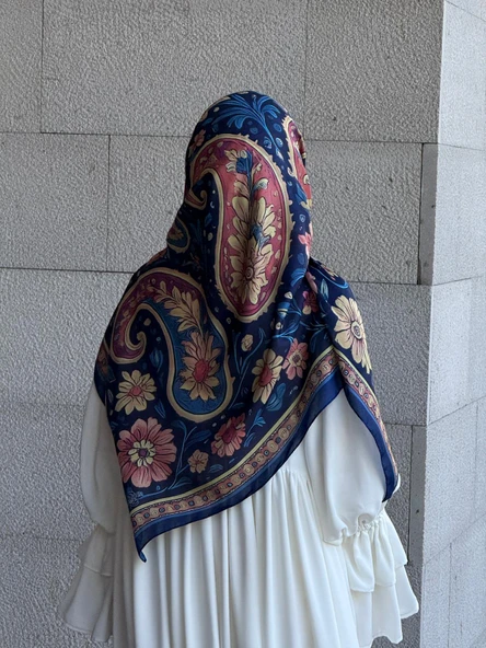 Pamuklu Flora Desen Eşarp-Lacivert - 6