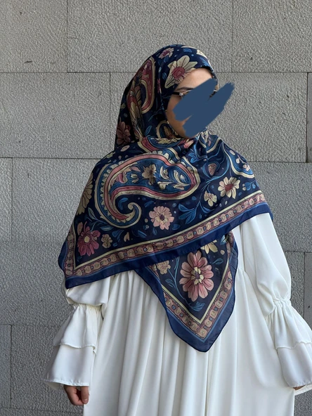 Pamuklu Flora Desen Eşarp-Lacivert