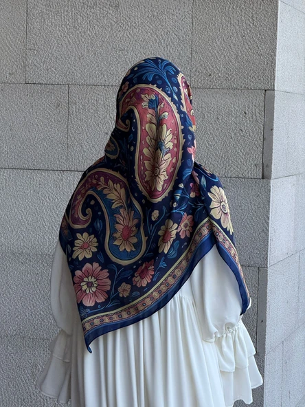 Pamuklu Flora Desen Eşarp-Lacivert - 5