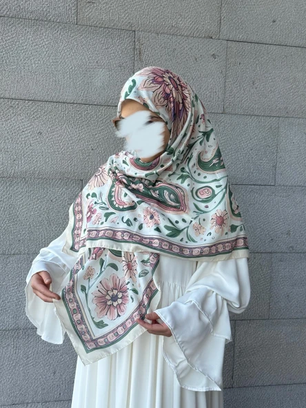 Pamuklu Flora Desen Eşarp-Krem - 5