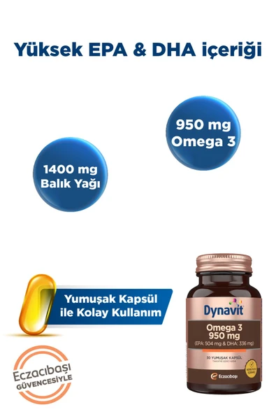 DYNAVİT Omega 3 950 mg 30 Yumuşak Kapsül - 1400mg Balık Yağı Yüksek EPA ve DHA - Resim 2