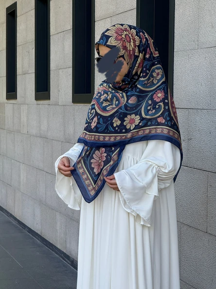 Pamuklu Flora Desen Eşarp-Lacivert - 11