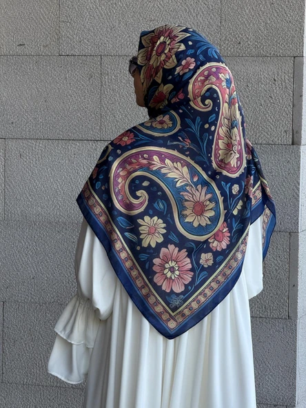 Pamuklu Flora Desen Eşarp-Lacivert - 9