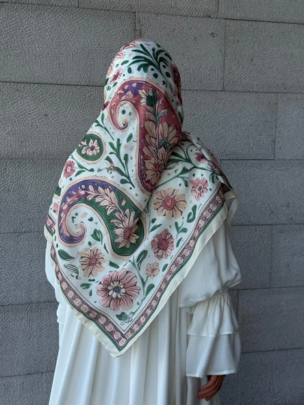 Pamuklu Flora Desen Eşarp-Krem - 8