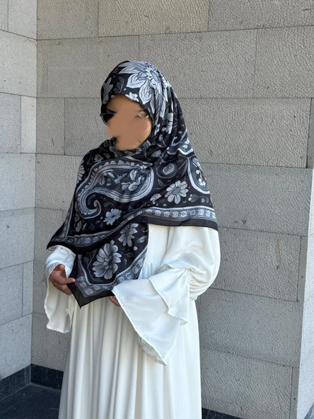 Pamuklu Flora Desen Eşarp-Siyah/Gri - 4