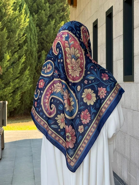 Pamuklu Flora Desen Eşarp-Lacivert - 3