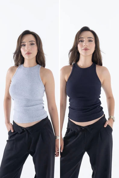 Fitilli Regular Fit Normal Kalıp Siyah-Beyaz Bisiklet Yaka Sıfır Kol Pamuklu 2'li Kadın Atlet - 9