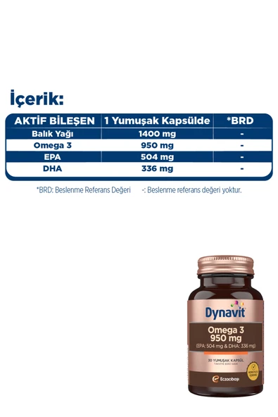 DYNAVİT Omega 3 950 mg 30 Yumuşak Kapsül - 1400mg Balık Yağı Yüksek EPA ve DHA - Resim 4