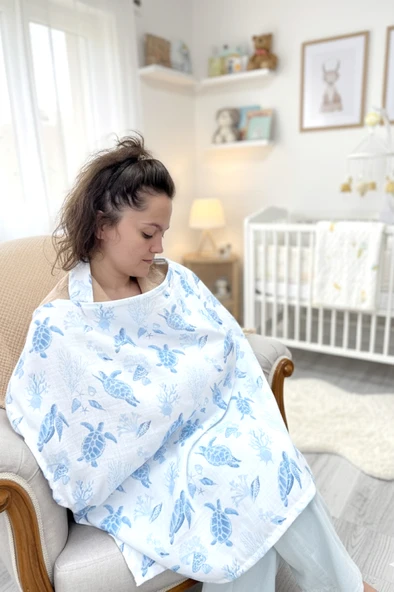 Caretta | %100 Pamuk 2 Katlı Müslin Balenli Baskılı Emzirme Önlüğü - ZTCARETTA - 4