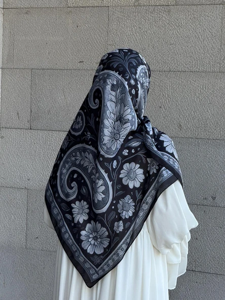 Pamuklu Flora Desen Eşarp-Siyah/Gri - 10