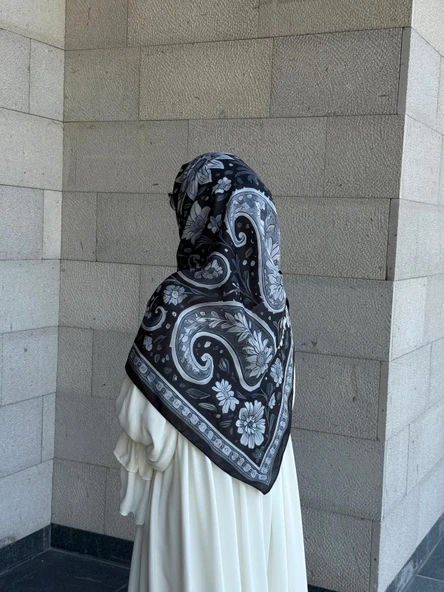 Pamuklu Flora Desen Eşarp-Siyah/Gri - 6