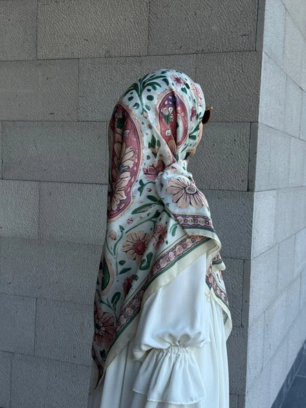 Pamuklu Flora Desen Eşarp-Krem - 2