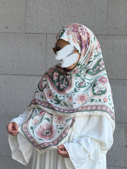 Pamuklu Flora Desen Eşarp-Krem - 6