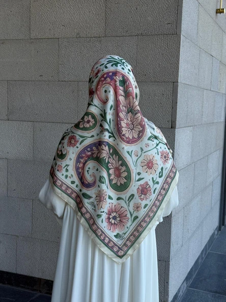 Pamuklu Flora Desen Eşarp-Krem - 7