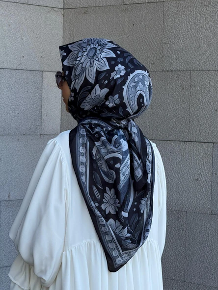 Pamuklu Flora Desen Eşarp-Siyah/Gri - 3